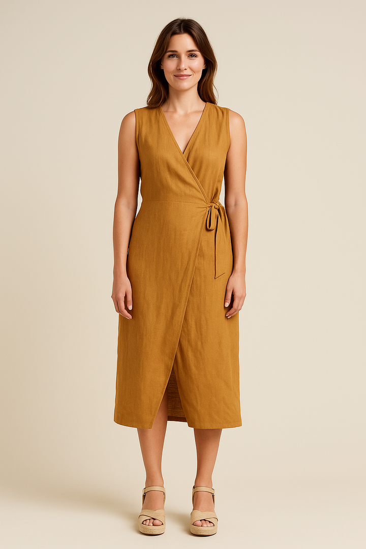 Sleeveless Wrap Midi Dress in Orange – Linen Blend
