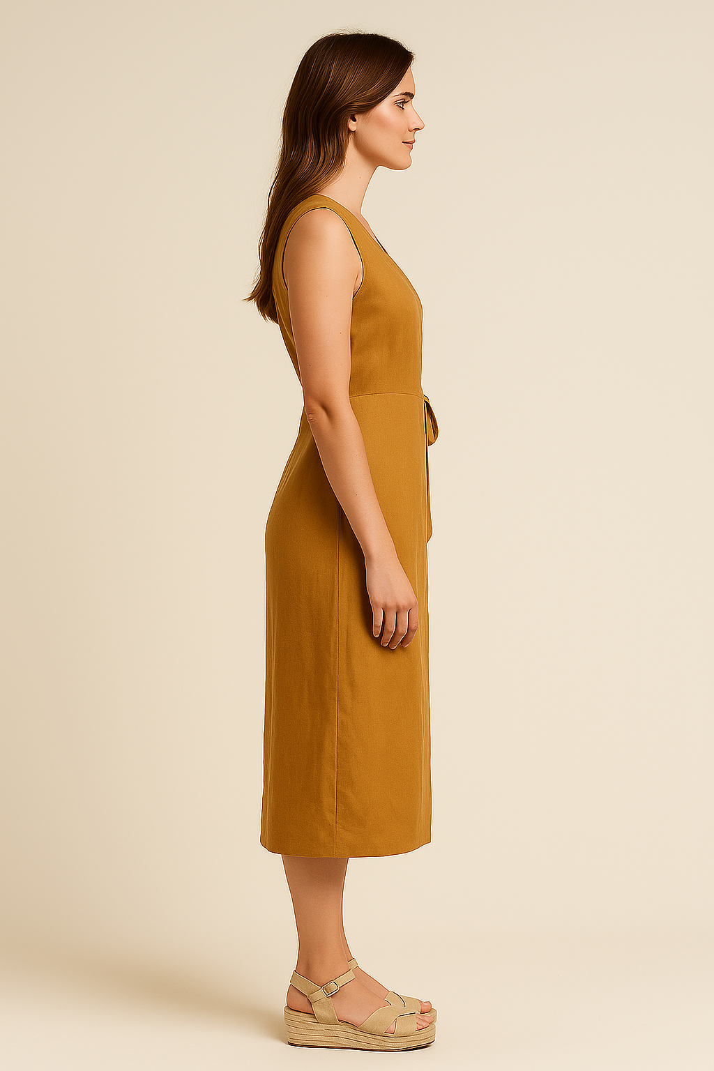 Sleeveless Wrap Midi Dress in Orange – Linen Blend