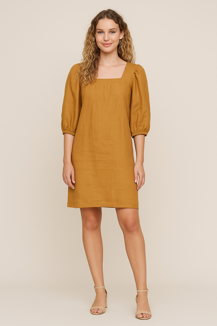 Orange Linen Mini Dress with Square Neckline – Short Sleeves