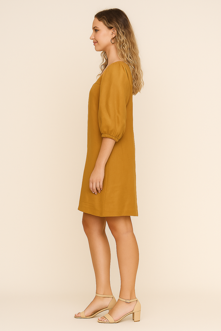 Orange Linen Mini Dress with Square Neckline – Short Sleeves