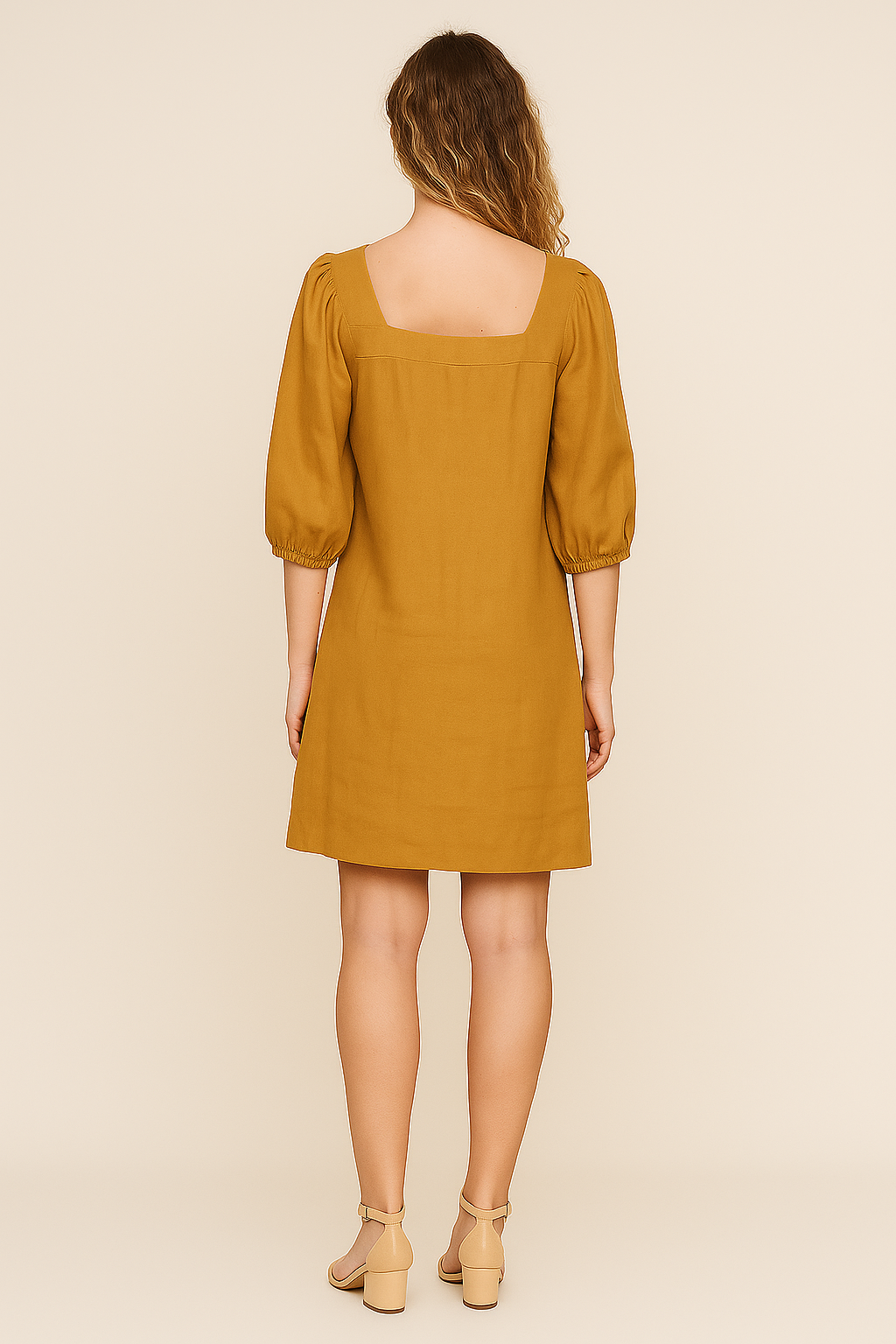 Orange Linen Mini Dress with Square Neckline – Short Sleeves