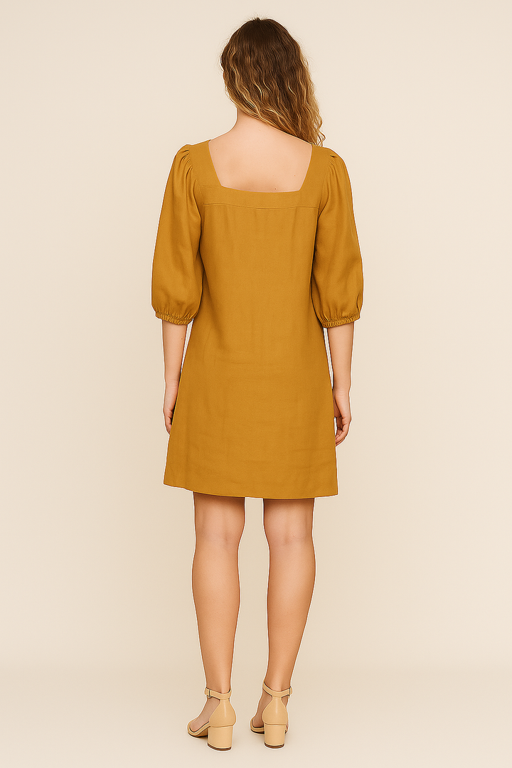 Orange Linen Mini Dress with Square Neckline – Short Sleeves