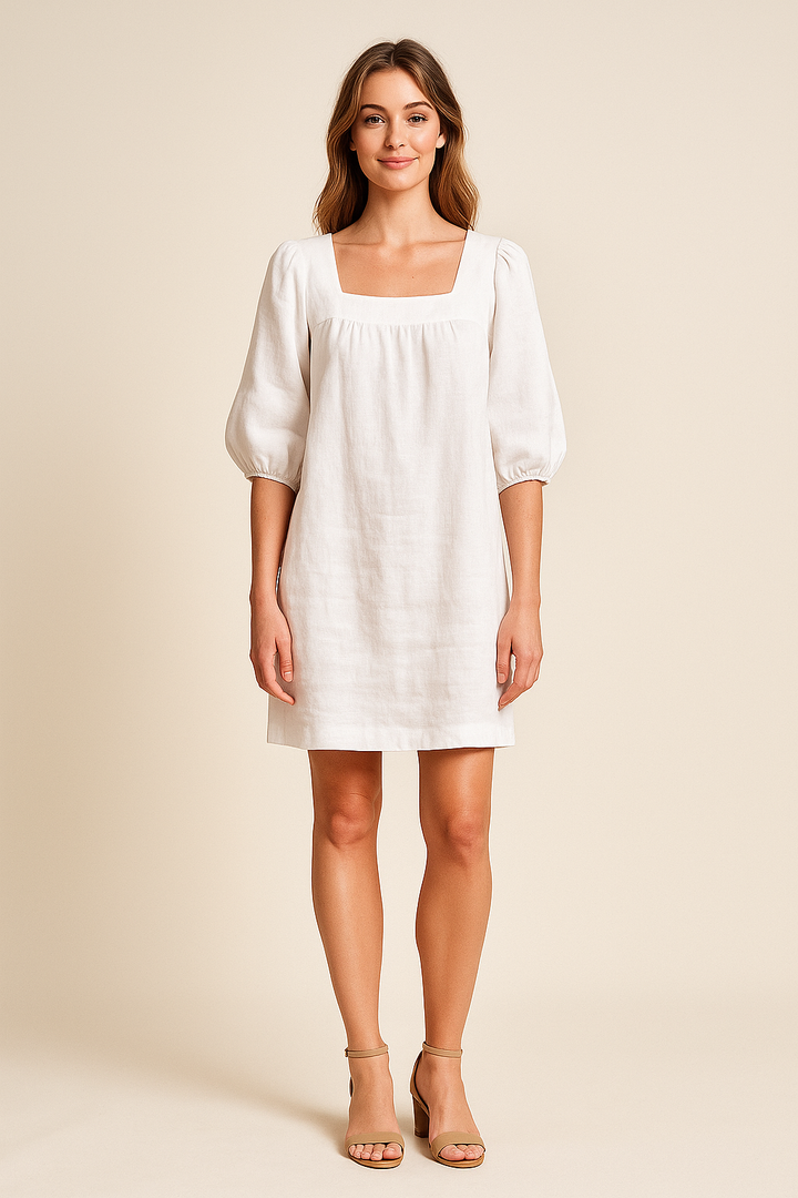 White Linen Mini Dress with Square Neckline – Short Puff Sleeves