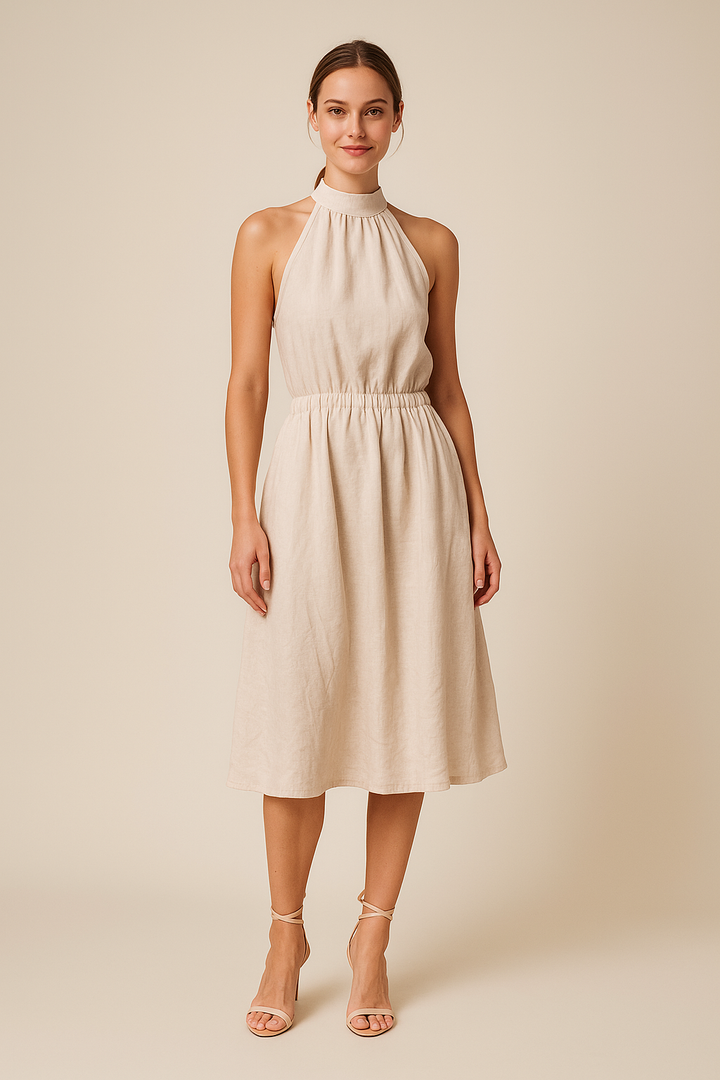 Beige Halter Neck Midi Dress – Linen Blend